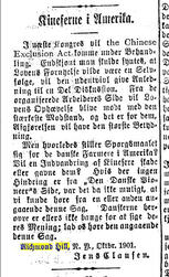 Letter penned 1901 by Jens Clausen of Richmond Hill, New York to Danish language Illinois-based newspaper Den Danske Pioneer