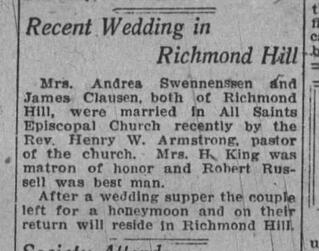 Marriage Announcement for James Clausen and Mrs Andrea Swennenssen, Brooklyn newspaper 1922
