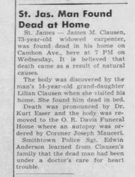 Death Announcement for James Clausen, 1950 in Suffolk, NY newspaper