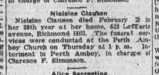Obituary for Nielsine Clausen, 1920 Brooklyn newspaper (Queens edition)
